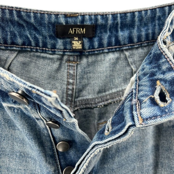 AFRM Revolve Boyfriend Destroyed High Rise Button Fly Blue Ripped Jeans Size 26 - Picture 8 of 11